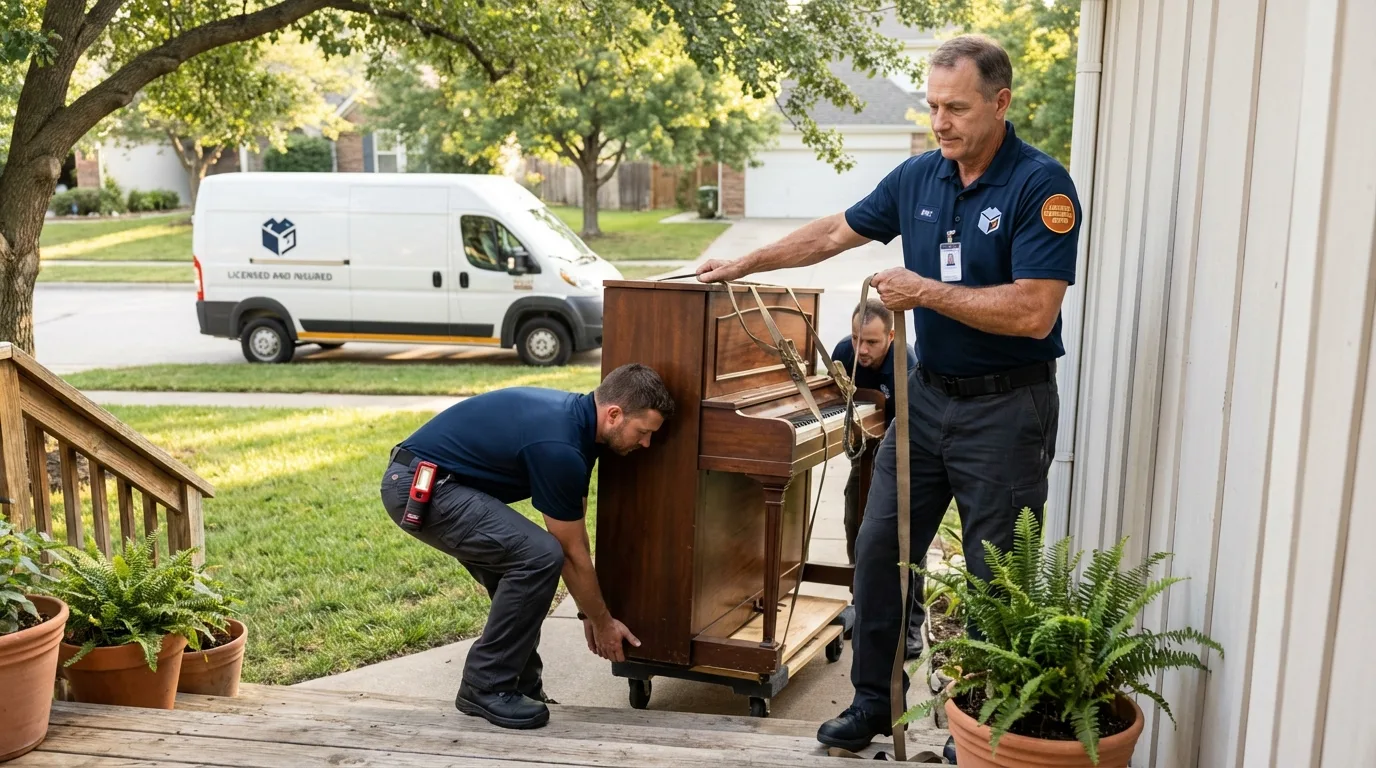 Licensed piano movers securing grand piano in Holden, ME