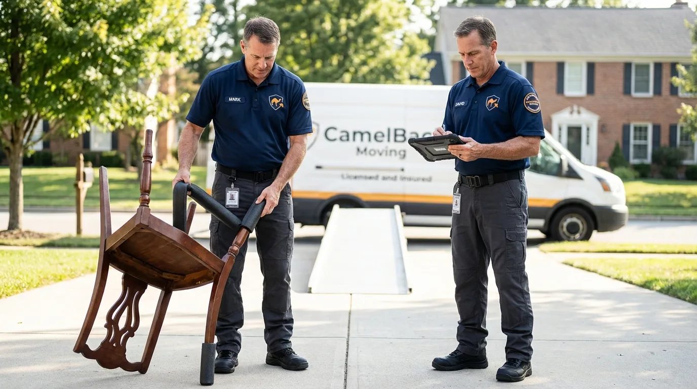 Movers inspecting furniture for damage prevention before loading in Holden, ME