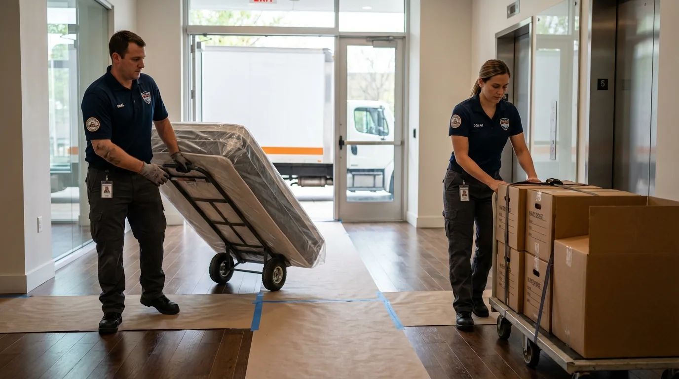 Professional apartment movers loading elevator in Holden, ME