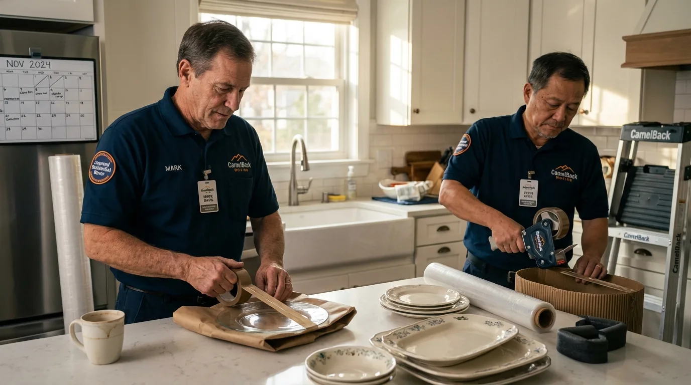 Professional crew packing kitchen dishware in Holden, ME